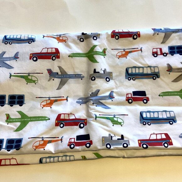 Pottery Barn Kids Queen Cotton Flat Sheet Bedding Car Buses Airplanes - Picture 2 of 6